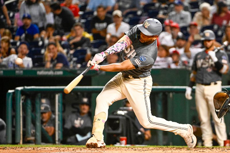 Sep 9, 2023; Washington, District of Columbia, USA; Washington Nationals first baseman Dominic Smith (22) hits a RBI sacrifice fly against the Los Angeles Dodgers during the fifth inning at Nationals Park. Mandatory Credit: Brad Mills-USA TODAY Sports