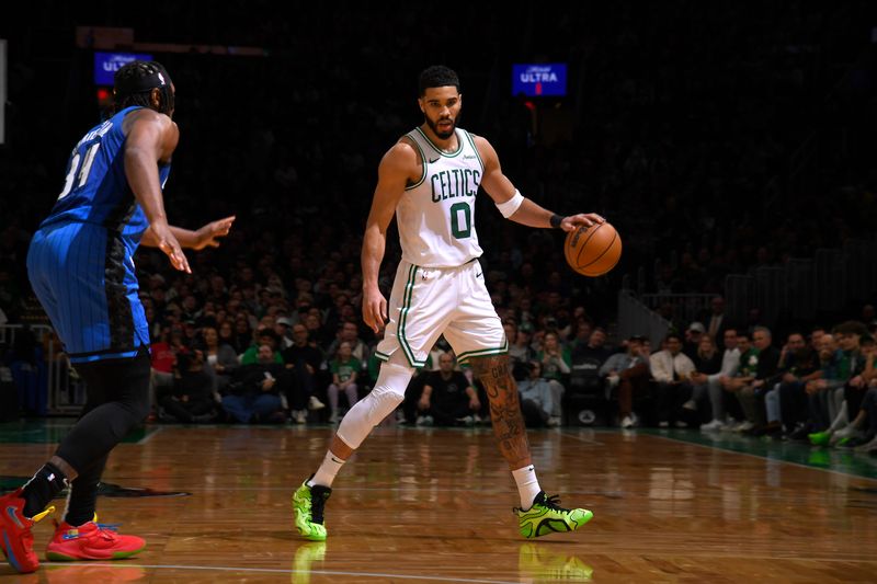 BOSTON, MA - JANUARY 17: Jayson Tatum #0 of the Boston Celtics handles the ball during the game against the Orlando Magic on January 17, 2025 at TD Garden in Boston, Massachusetts. NOTE TO USER: User expressly acknowledges and agrees that, by downloading and/or using this Photograph, user is consenting to the terms and conditions of the Getty Images License Agreement. Mandatory Copyright Notice: Copyright 2025 NBAE (Photo by Brian Babineau/NBAE via Getty Images)