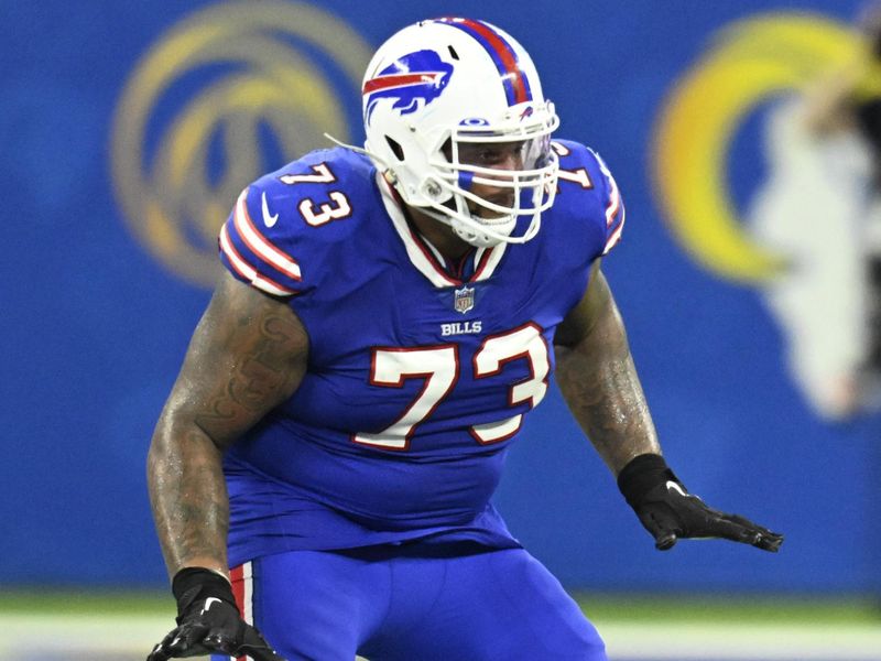 Buffalo Bills offensive tackle Dion Dawkins (73) while playing the Los Angeles Rams during an NFL football game Thursday, Sept. 8, 2021, in Inglewood, Calif. (AP Photo/John McCoy)