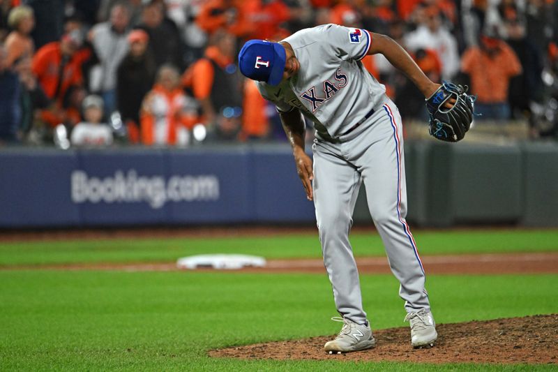 Oct 8, 2023; Baltimore, Maryland, USA; Texas Rangers relief pitcher Jose Leclerc (25) celebrates after beating the Baltimore Orioles during game two of the ALDS for the 2023 MLB playoffs at Oriole Park at Camden Yards. Mandatory Credit: Tommy Gilligan-USA TODAY Sports