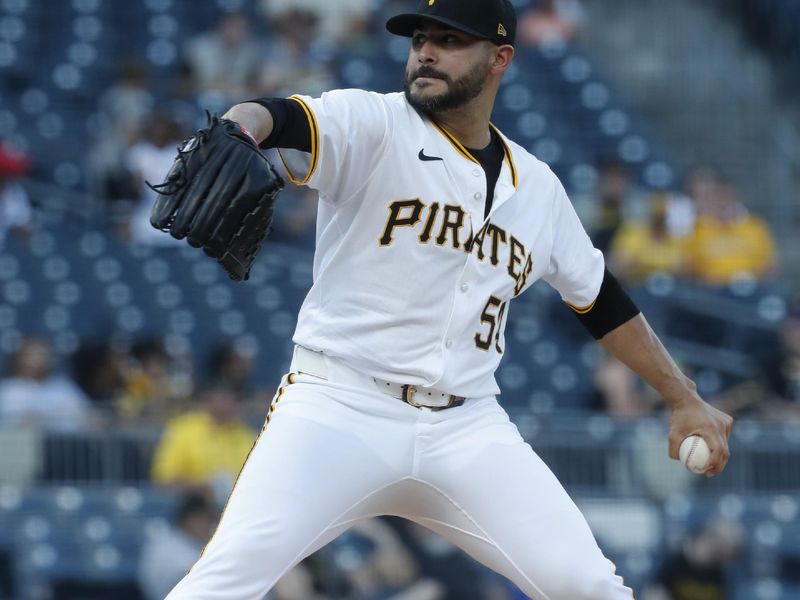 May 21, 2024; Pittsburgh, Pennsylvania, USA;  Pittsburgh Pirates starting pitcher Martín Pérez (54) delivers a pitch against the San Francisco Giants during the first inning at PNC Park. Mandatory Credit: Charles LeClaire-USA TODAY Sports