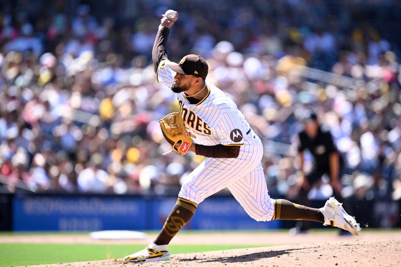 Jul 26, 2023; San Diego, California, USA; San Diego Padres relief pitcher Robert Suarez (75) throws a pitch against the Pittsburgh Pirates during the ninth inning at Petco Park. Mandatory Credit: Orlando Ramirez-USA TODAY Sports