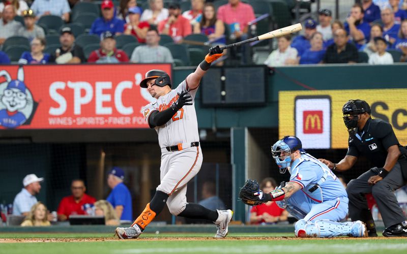 Jul 21, 2024; Arlington, Texas, USA;  Baltimore Orioles catcher James McCann (27) strikes out during the second inning against the Texas Rangers at Globe Life Field. Mandatory Credit: Kevin Jairaj-USA TODAY Sports