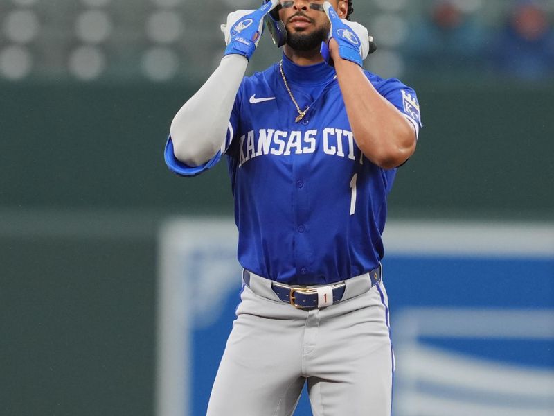 Apr 3, 2024; Baltimore, Maryland, USA; Kansas City Royals outfielder MJ Melendez (1) gestures to his teammates following his double in the first inning against the Baltimore Orioles  at Oriole Park at Camden Yards. Mandatory Credit: Mitch Stringer-USA TODAY Sports