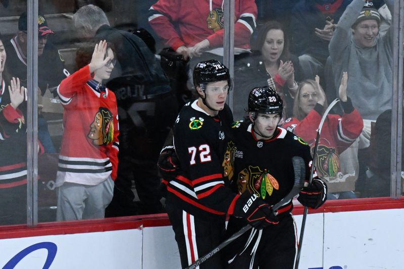 Nov 30, 2025; Chicago, Illinois, USA;  Chicago Blackhawks defenseman Alex Vlasic (72) and Chicago Blackhawks center Ryan Greene (20) celebrate after Greene scored a goal against the Anaheim Ducks during the second period at United Center. Mandatory Credit: Matt Marton-Imagn Images