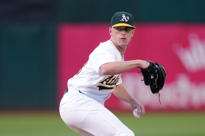 Aug 23, 2024; Oakland, California, USA; Oakland Athletics starting pitcher JP Sears (38) throws a pitch against the Milwaukee Brewers during the first inning at Oakland-Alameda County Coliseum. Mandatory Credit: Darren Yamashita-USA TODAY Sports