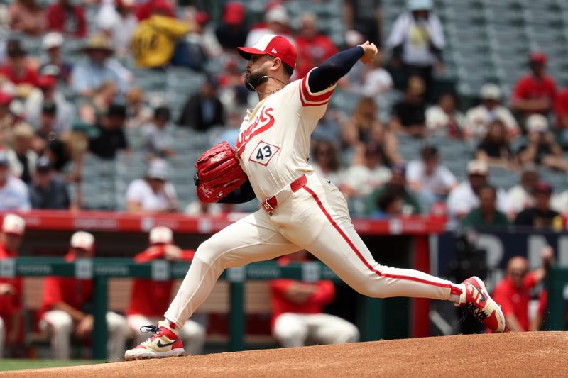 Jun 9, 2024; Anaheim, California, USA;  Los Angeles Angels starting pitcher Patrick Sandoval (43) pitches during the first inning against the Houston Astros at Angel Stadium. Mandatory Credit: Kiyoshi Mio-USA TODAY Sports