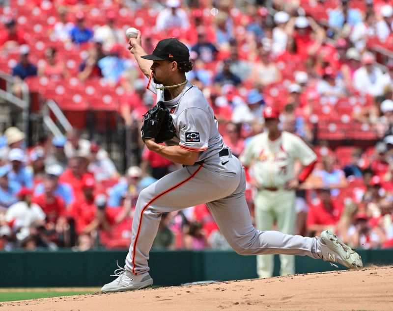 Jun 22, 2024; St. Louis, Missouri, USA; San Francisco Giants pitcher Jordan Hicks throws against the St. Louis Cardinals in the first inning at Busch Stadium. Mandatory Credit: Tim Vizer-USA TODAY Sports