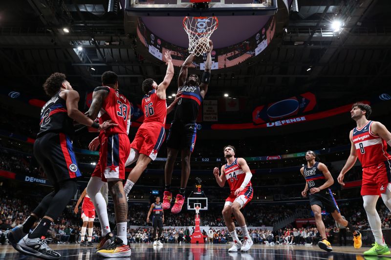 WASHINGTON, DC -? MARCH 29:  Jalen Duren #0 of the Detroit Pistons goes to the basket during the game on March 29, 2024 at Capital One Arena in Washington, DC. NOTE TO USER: User expressly acknowledges and agrees that, by downloading and or using this Photograph, user is consenting to the terms and conditions of the Getty Images License Agreement. Mandatory Copyright Notice: Copyright 2024 NBAE (Photo by Stephen Gosling/NBAE via Getty Images)