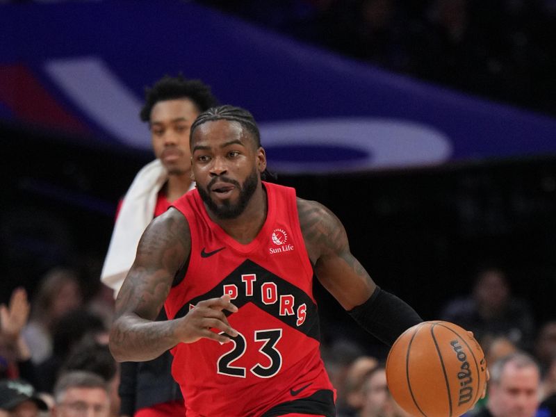 PHILADELPHIA, PA - FEBRUARY 11:  Jamal Shead #23 of the Toronto Raptors dribbles the ball during the game against the Philadelphia 76ers  on February 11, 2025 at the Wells Fargo Center in Philadelphia, Pennsylvania NOTE TO USER: User expressly acknowledges and agrees that, by downloading and/or using this Photograph, user is consenting to the terms and conditions of the Getty Images License Agreement. Mandatory Copyright Notice: Copyright 2025 NBAE (Photo by Jesse D. Garrabrant/NBAE via Getty Images)