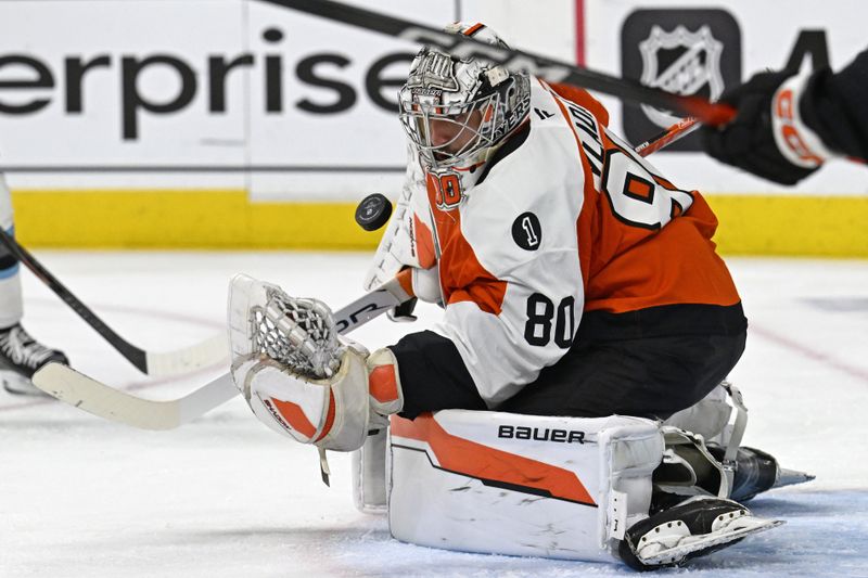 Mar 5, 2026; Philadelphia, Pennsylvania, USA; Philadelphia Flyers goaltender Dan Vladar (80) makes a save against the Utah Mammoth during the second period at Xfinity Mobile Arena. Mandatory Credit: Eric Hartline-Imagn Images