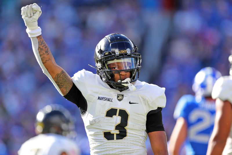 Nov 4, 2023; Denver, Colorado, USA; Army Black Knights wide receiver Ay'Jaun Marshall (3) celebrates after his tackle on special teams against the Air Force Falcons during the second half at Empower Field at Mile High. Mandatory Credit: Danny Wild-USA TODAY Sports