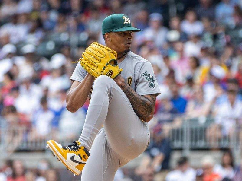 Jun 2, 2024; Cumberland, Georgia, USA; Oakland Athletics pitcher Luis Medina (46) throws third inning against Atlanta Braves at Truist Park. Mandatory Credit: Jordan Godfree-USA TODAY Sports