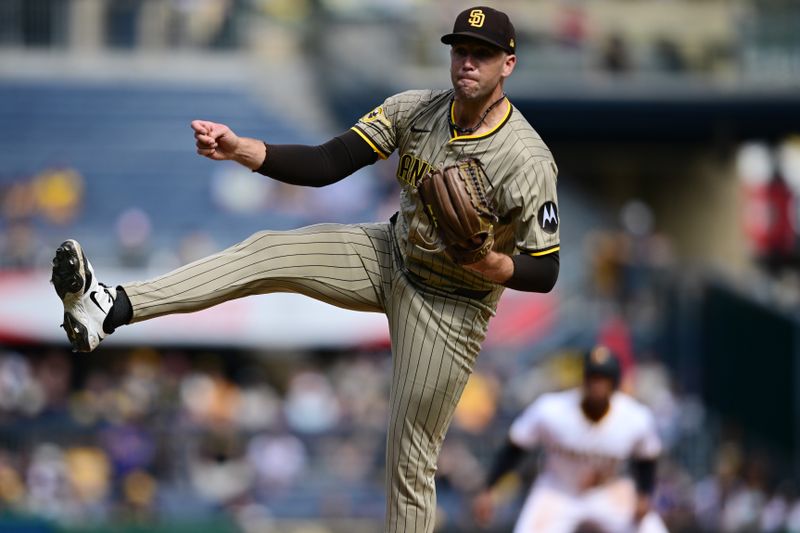 May 4, 2025; Pittsburgh, Pennsylvania, USA; San Diego Padres relief pitcher Jason Adam (40) delivers during the ninth inning against the Pittsburgh Pirates at PNC Park. Mandatory Credit: David Dermer-Imagn Images