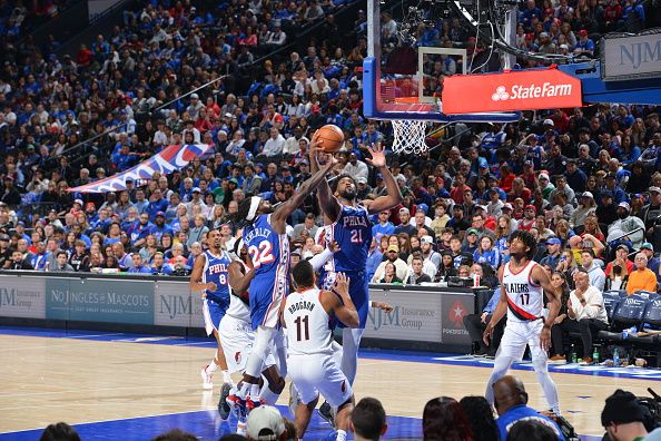 PHILADELPHIA, PA - OCTOBER 29: Joel Embiid #21 of the Philadelphia 76ers grabs a rebound during the game against the Portland Trail Blazers on October 29, 2023 at the Wells Fargo Center in Philadelphia, Pennsylvania NOTE TO USER: User expressly acknowledges and agrees that, by downloading and/or using this Photograph, user is consenting to the terms and conditions of the Getty Images License Agreement. Mandatory Copyright Notice: Copyright 2023 NBAE (Photo by Jesse D. Garrabrant/NBAE via Getty Images)