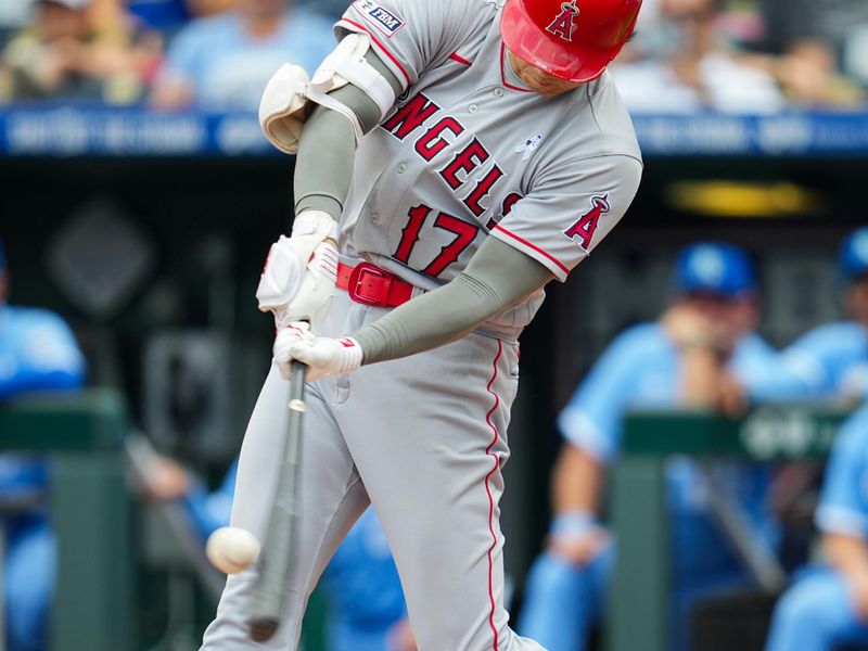 Jun 18, 2023; Kansas City, Missouri, USA; Los Angeles Angels designated hitter Shohei Ohtani (17) hits a home run during the fifth inning against the Kansas City Royals at Kauffman Stadium. Mandatory Credit: Jay Biggerstaff-USA TODAY Sports