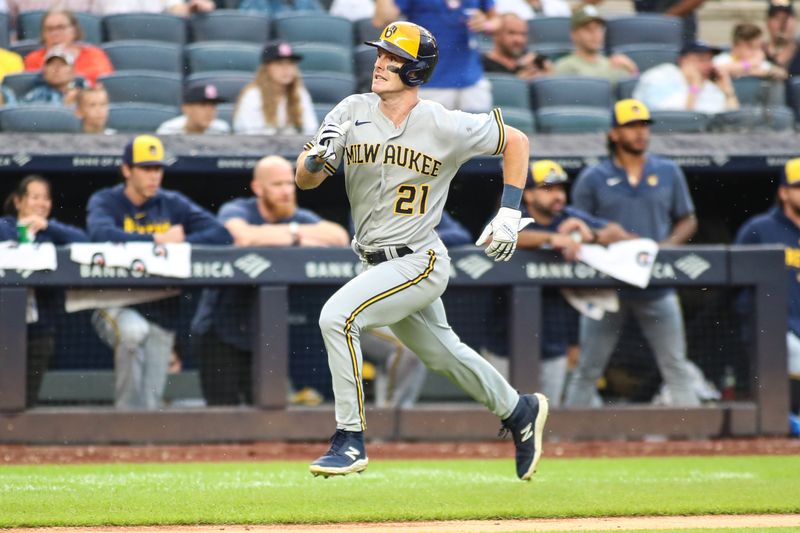 Sep 9, 2023; Bronx, New York, USA;  Milwaukee Brewers right fielder Mark Canha (21) runs to home plate in the fourth inning against the New York Yankees at Yankee Stadium. Mandatory Credit: Wendell Cruz-USA TODAY Sports