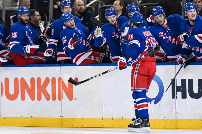 Mar 20, 2025; New York, New York, USA;  New York Rangers left wing Artemi Panarin (10) celebrates his goal against the Toronto Maple Leafs during the second period at Madison Square Garden. Mandatory Credit: Dennis Schneidler-Imagn Images