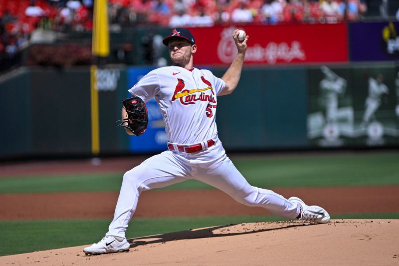 Sep 3, 2023; St. Louis, Missouri, USA;  St. Louis Cardinals starting pitcher Zack Thompson (57) pitches against the Pittsburgh Pirates during the first inning at Busch Stadium. Mandatory Credit: Jeff Curry-USA TODAY Sports