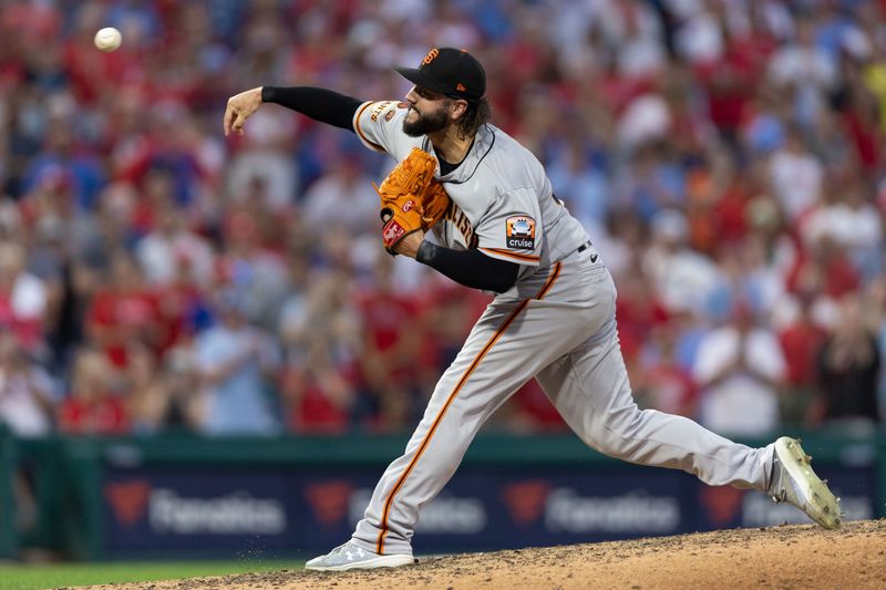 Aug 23, 2023; Philadelphia, Pennsylvania, USA; San Francisco Giants relief pitcher Jakob Junis (34) throws a pitch during the ninth inning against the Philadelphia Phillies at Citizens Bank Park. Mandatory Credit: Bill Streicher-USA TODAY Sports