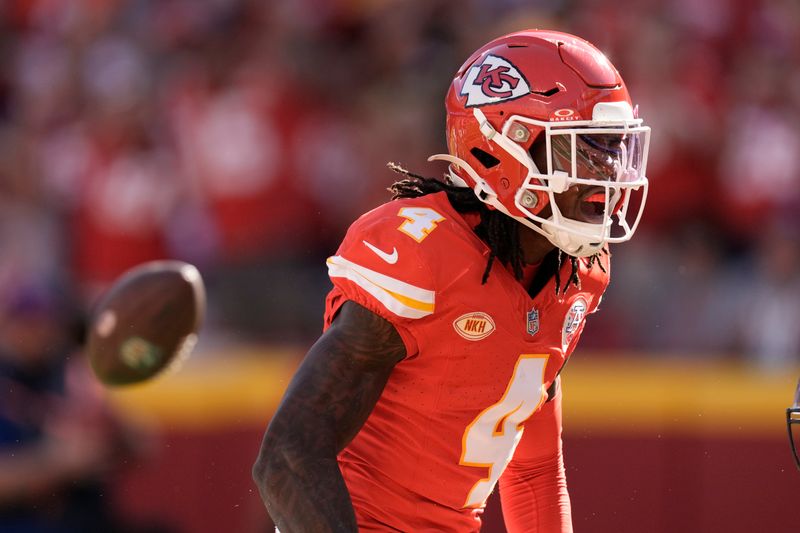 Kansas City Chiefs wide receiver Rashee Rice celebrates after a Chiefs touchdown during the first half of an NFL football game against the Chicago Bears Sunday, Sept. 24, 2023, in Kansas City, Mo. (AP Photo/Charlie Riedel)