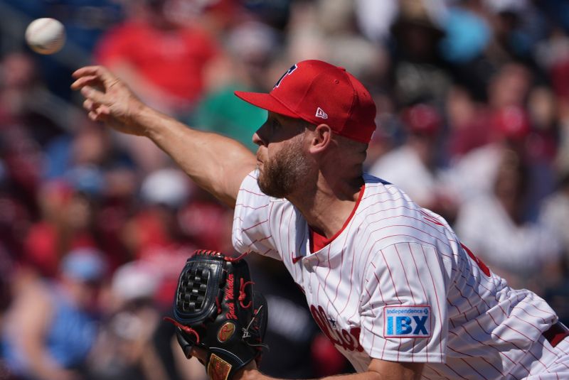 Feb 27, 2025; Clearwater, Florida, USA; Philadelphia Phillies pitcher Zack Wheeler (45) throws a pitch during the first inning against the New York Yankees at BayCare Ballpark. Mandatory Credit: Dave Nelson-Imagn Images