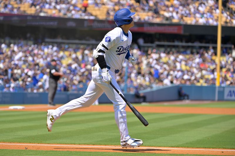Aug 25, 2024; Los Angeles, California, USA;  Los Angeles Dodgers designated hitter Shohei Ohtani (17) flies out in the first inning against the Tampa Bay Rays at Dodger Stadium. Mandatory Credit: Jayne Kamin-Oncea-USA TODAY Sports