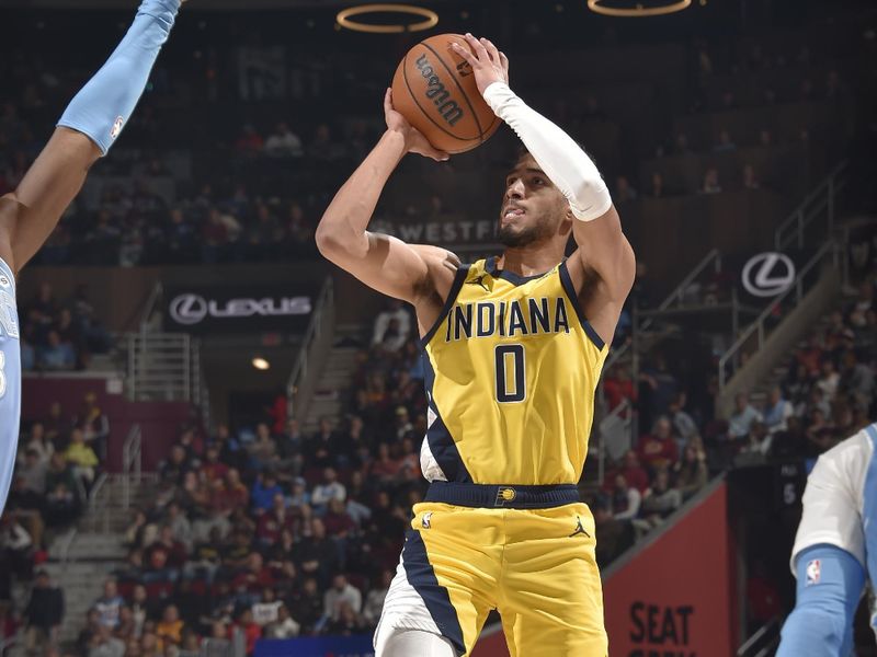 CLEVELAND, OH - JANUARY 12:  Tyrese Haliburton #0 of the Indiana Pacers shoots the ball during the game against the Cleveland Cavaliers on January 12, 2025 at Rocket Mortgage FieldHouse in Cleveland, Ohio. NOTE TO USER: User expressly acknowledges and agrees that, by downloading and/or using this Photograph, user is consenting to the terms and conditions of the Getty Images License Agreement. Mandatory Copyright Notice: Copyright 2025 NBAE (Photo by David Liam Kyle/NBAE via Getty Images)