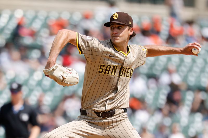 Apr 23, 2025; Detroit, Michigan, USA;  San Diego Padres starting pitcher Kyle Hart (68) pitches in the fourth inning against the Detroit Tigers at Comerica Park. Mandatory Credit: Rick Osentoski-Imagn Images