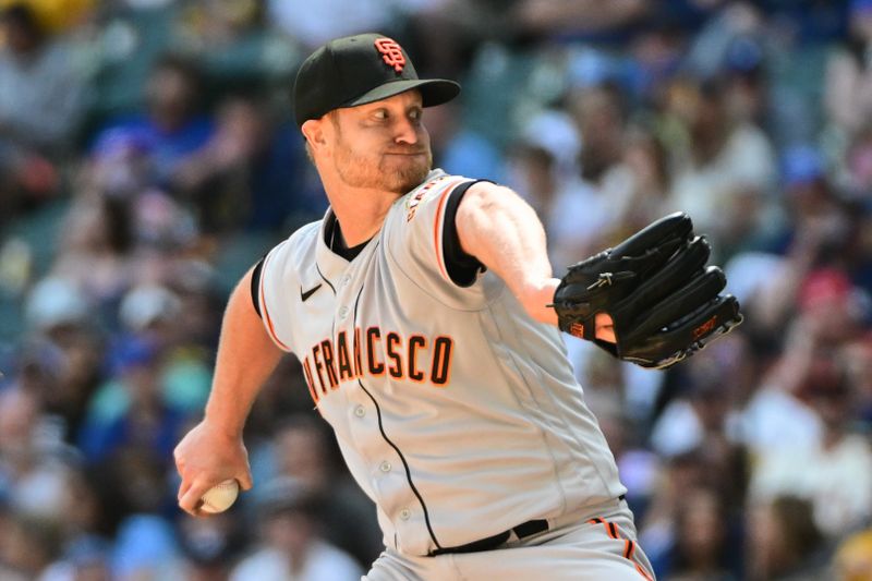 May 28, 2023; Milwaukee, Wisconsin, USA; San Francisco Giants pitcher Alex Cobb (38) pitches against the Milwaukee Brewers in the fourth inning at American Family Field. Mandatory Credit: Benny Sieu-USA TODAY Sports