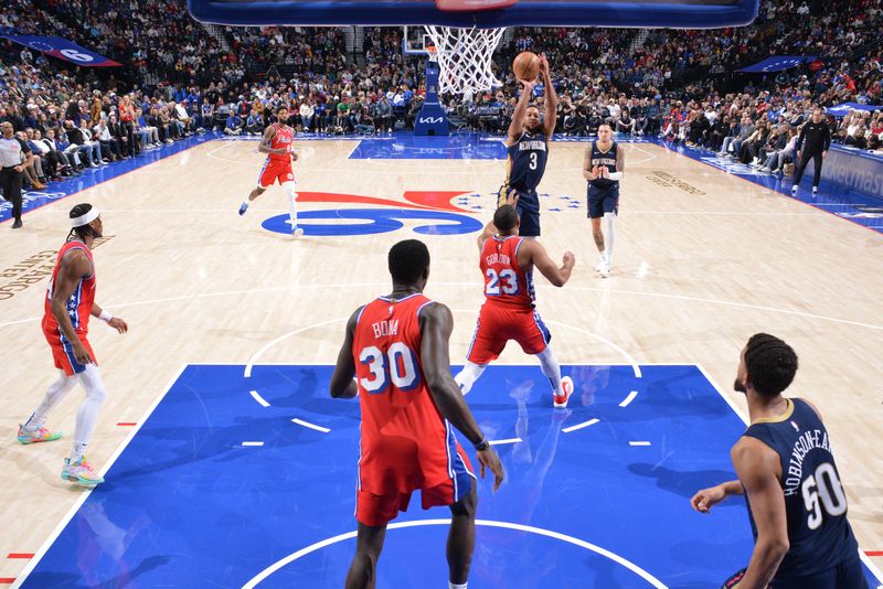 PHILADELPHIA, PA - JANUARY 10: CJ McCollum #3 of the New Orleans Pelicans shoots the ball during the game against the Philadelphia 76ers on January 10, 2025 at the Wells Fargo Center in Philadelphia, Pennsylvania NOTE TO USER: User expressly acknowledges and agrees that, by downloading and/or using this Photograph, user is consenting to the terms and conditions of the Getty Images License Agreement. Mandatory Copyright Notice: Copyright 2025 NBAE (Photo by Jesse D. Garrabrant/NBAE via Getty Images)