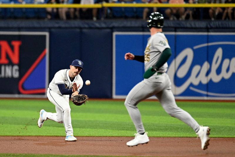 May 29, 2024; St. Petersburg, Florida, USA; Tampa Bay Rays second baseman Brandon Lowe (8) fields a ground ball in the first inning against the Oakland Athletics at Tropicana Field. Mandatory Credit: Jonathan Dyer-USA TODAY Sports