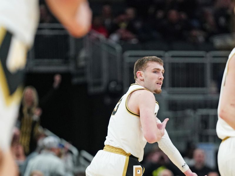 Mar 22, 2024; Indianapolis, IN, USA; Purdue Boilermakers guard Braden Smith (3) reacts after scoring a basket during the first half in the first round of the 2024 NCAA Tournament at Gainbridge FieldHouse. Mandatory Credit: Robert Goddin-USA TODAY Sports