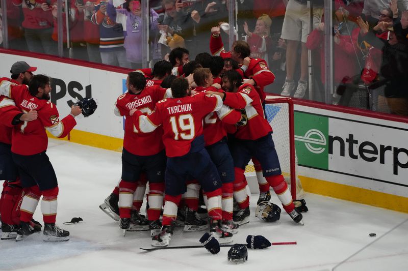 Jun 24, 2024; Sunrise, Florida, USA; Florida Panthers celebrate winning against the Edmonton Oilers in game seven of the 2024 Stanley Cup Final at Amerant Bank Arena. Mandatory Credit: Jim Rassol-USA TODAY Sports