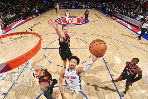 DETROIT, MI - DECEMBER 30: Cade Cunningham #2 of the Detroit Pistons shoots the ball during the game against the Toronto Raptors on December 30, 2023 at Little Caesars Arena in Detroit, Michigan. NOTE TO USER: User expressly acknowledges and agrees that, by downloading and/or using this photograph, User is consenting to the terms and conditions of the Getty Images License Agreement. Mandatory Copyright Notice: Copyright 2023 NBAE (Photo by Chris Schwegler/NBAE via Getty Images)