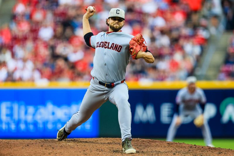 May 17, 2025; Cincinnati, Ohio, USA; Cleveland Guardians starting pitcher Slade Cecconi (44) pitches in the sixth inning against the Cincinnati Reds at Great American Ball Park. Mandatory Credit: Katie Stratman-Imagn Images