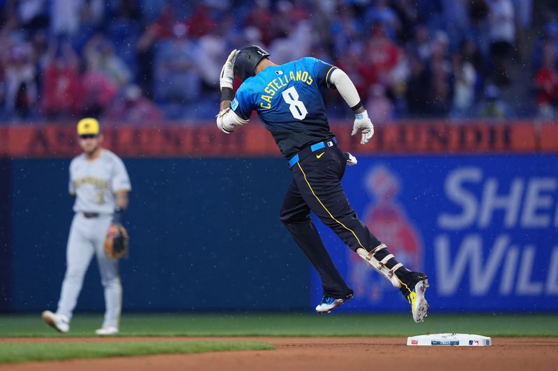 May 30, 2025; Philadelphia, Pennsylvania, USA; Philadelphia Phillies outfielder Nick Castellanos (8) rounds the bases after hitting a home run against the Milwaukee Brewers in the seventh inning at Citizens Bank Park. Mandatory Credit: Kyle Ross-Imagn Images