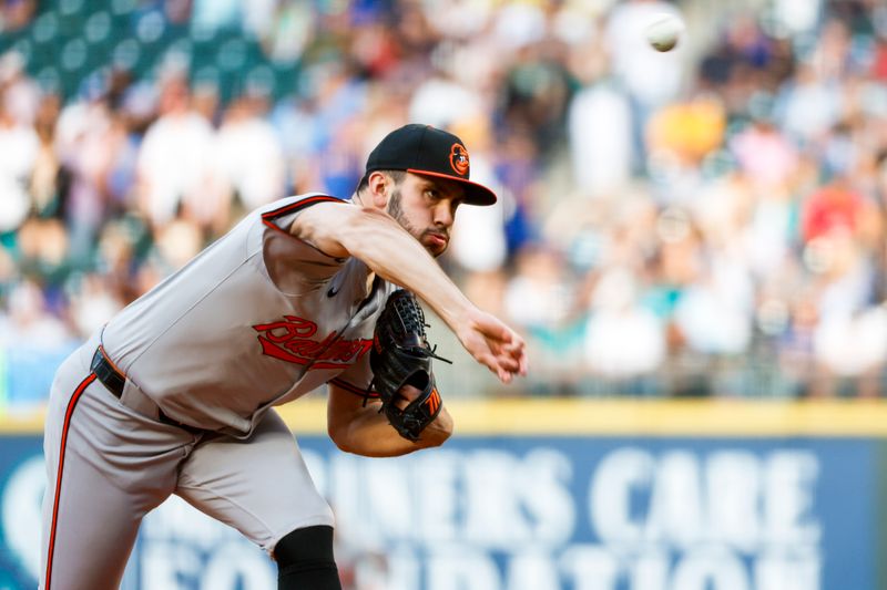 Jul 2, 2024; Seattle, Washington, USA; Baltimore Orioles starting pitcher Grayson Rodriguez (30) throws against the Seattle Mariners during the fifth inning at T-Mobile Park. Mandatory Credit: Joe Nicholson-USA TODAY Sports