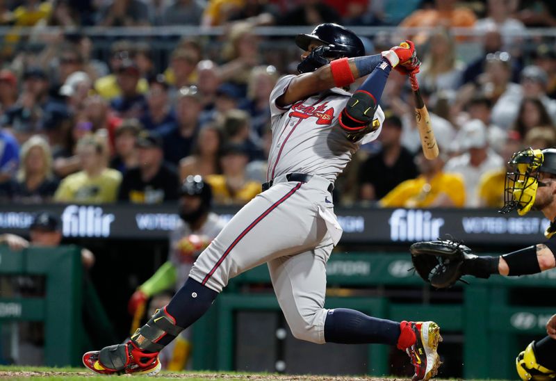 May 24, 2024; Pittsburgh, Pennsylvania, USA;  Atlanta Braves right fielder Ronald Acuna Jr. (13) hits a three-run home run against the Pittsburgh Pirates during the eighth inning at PNC Park. Mandatory Credit: Charles LeClaire-USA TODAY Sports