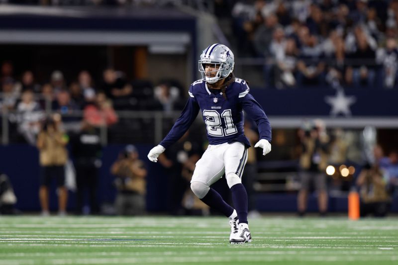 Dallas Cowboys defensive back Stephon Gilmore (21) looks to defend during an NFL football game against the Detroit Lions, Saturday, Dec. 30, 2023, in Arlington, Texas. (AP Photo/Matt Patterson)