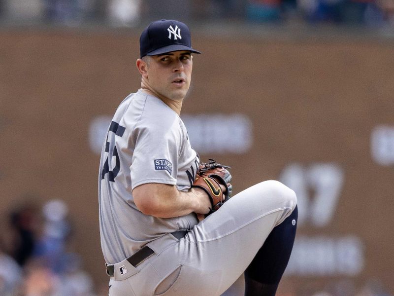 Aug 17, 2024; Detroit, Michigan, USA; New York Yankees starting pitcher Carlos Rodón (55) delivers in the first inning against the Detroit Tigers at Comerica Park. Mandatory Credit: David Reginek-USA TODAY Sports