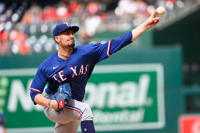 Jul 8, 2023; Washington, District of Columbia, USA; Texas Rangers starting pitcher Andrew Heaney (44) throws to the Washington Nationals during the first inning at Nationals Park. Mandatory Credit: Brad Mills-USA TODAY Sports