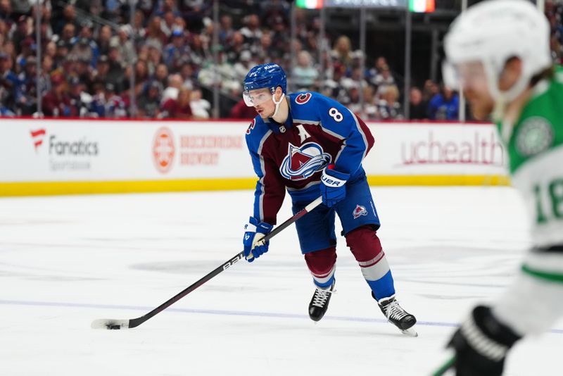 May 17, 2024; Denver, Colorado, USA; Colorado Avalanche defenseman Cale Makar (8) during a second period power play against the Dallas Stars in game six of the second round of the 2024 Stanley Cup Playoffs at Ball Arena. Mandatory Credit: Ron Chenoy-USA TODAY Sports