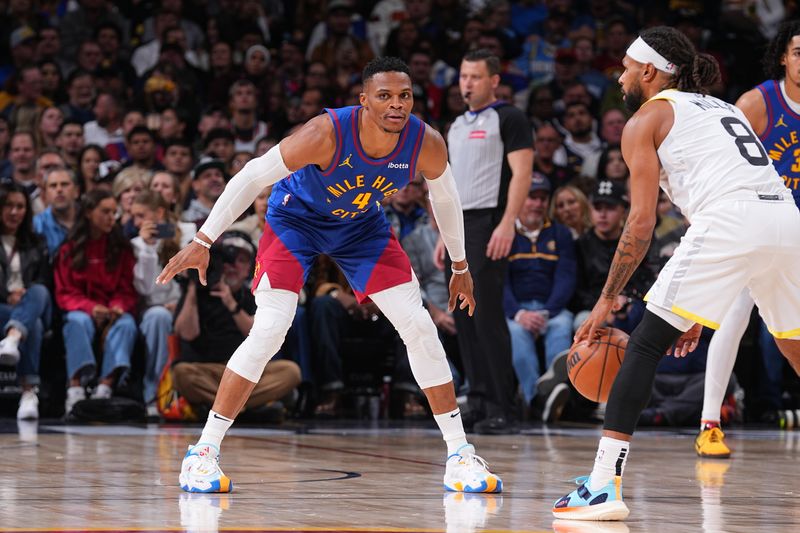 DENVER, CO - NOVEMBER 2: Russell Westbrook #4 of the Denver Nuggets plays defense during the game against the Utah Jazz during a regular season game on November 22, 2024 at Ball Arena in Denver, Colorado. NOTE TO USER: User expressly acknowledges and agrees that, by downloading and/or using this Photograph, user is consenting to the terms and conditions of the Getty Images License Agreement. Mandatory Copyright Notice: Copyright 2024 NBAE (Photo by Bart Young/NBAE via Getty Images)