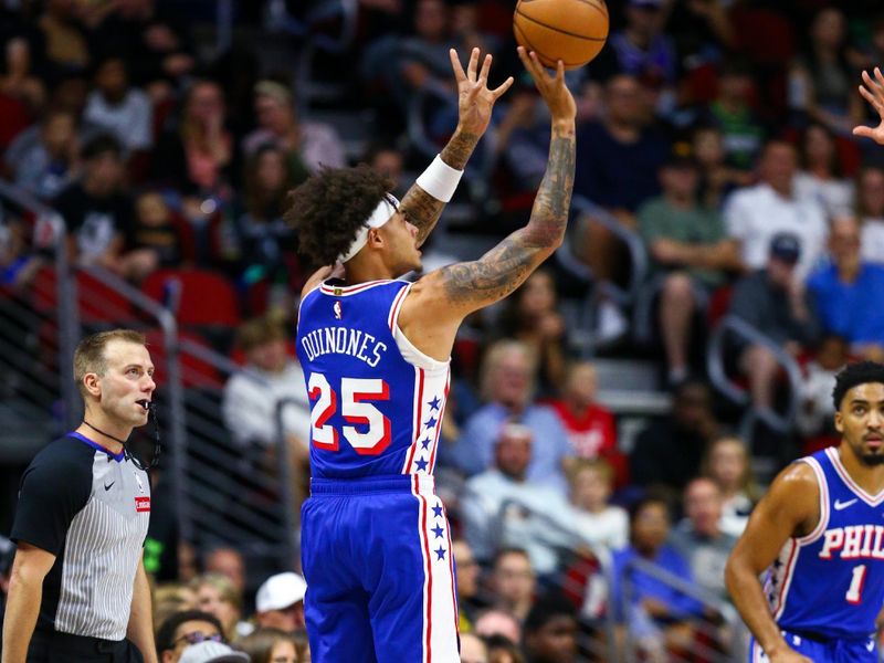 DES MOINES, IA -  OCTOBER 11: Lester Quinones #25 of the Philadelphia 76ers shoots a three point basket during the game against the Minnesota Timberwolves during a NBA pre season game on October 11, 2024 at the Wells Fargo Arena in Des Moines, Iowa. NOTE TO USER: User expressly acknowledges and agrees that, by downloading and or using this Photograph, user is consenting to the terms and conditions of the Getty Images License Agreement. Mandatory Copyright Notice: Copyright 2024 NBAE (Photo by Jasey Bradwell/NBAE via Getty Images)