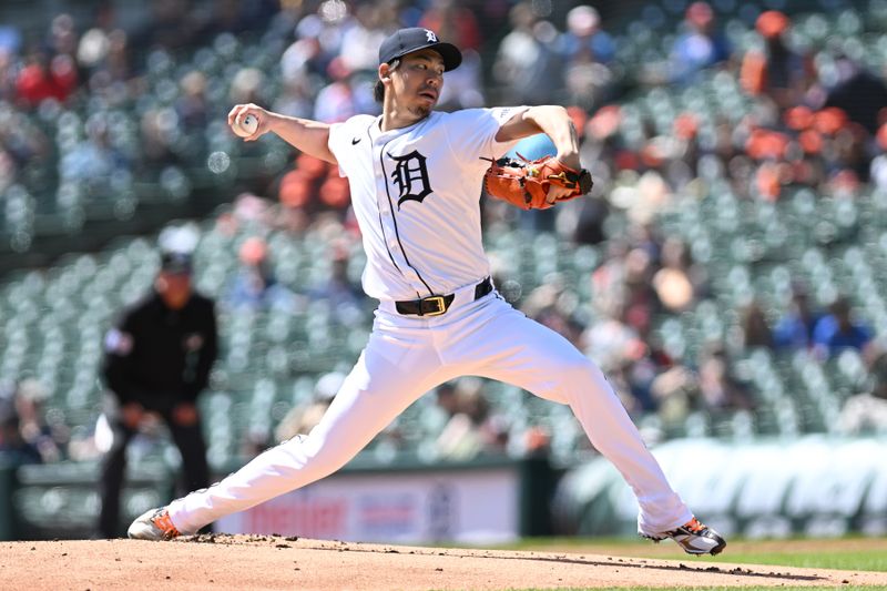Apr 18, 2024; Detroit, Michigan, USA;  Detroit Tigers pitcher Kenta Maeda (18) throws a pitch against the Texas Rangers in the first inning at Comerica Park. Mandatory Credit: Lon Horwedel-USA TODAY Sports