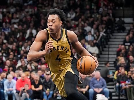 TORONTO, ON - NOVEMBER 24: Scottie Barnes #4 of Toronto Raptors dribbles against the Chicago Bulls during the first half of their NBA In-Season Tournament game at the Scotiabank Arena on November 24, 2023 in Toronto, Ontario, Canada. NOTE TO USER: User expressly acknowledges and agrees that, by downloading and/or using this Photograph, user is consenting to the terms and conditions of the Getty Images License Agreement. (Photo by Mark Blinch/Getty Images)