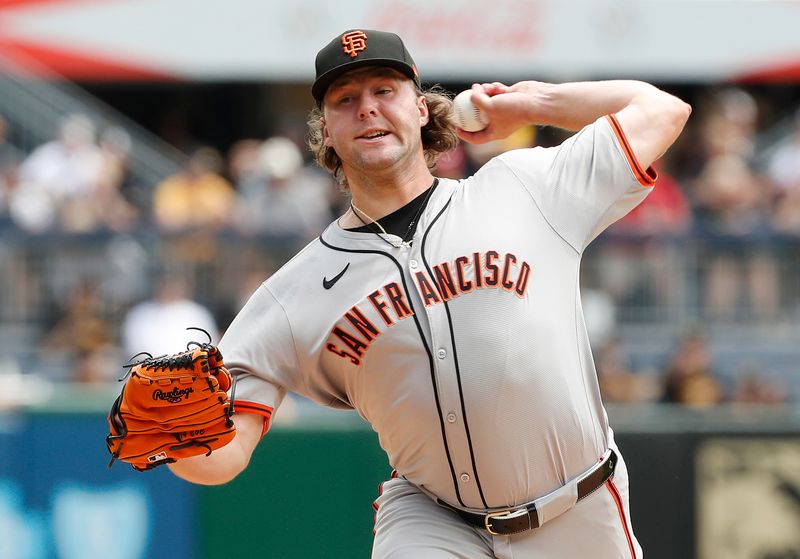 May 23, 2024; Pittsburgh, Pennsylvania, USA; San Francisco Giants starting pitcher Erik Miller (68) pitches against the Pittsburgh Pirates during the first inning at PNC Park. Mandatory Credit: Charles LeClaire-USA TODAY Sports