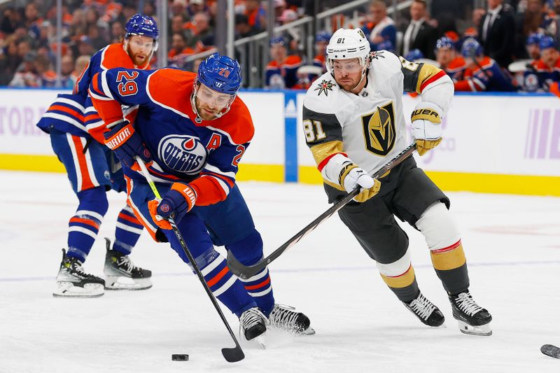 Nov 28, 2023; Edmonton, Alberta, CAN; Edmonton Oilers forward Leon Draisaitl (29) and Vegas Golden Knights forward Jonathan Marchessault (81) battle for a loose puck during the second period at Rogers Place. Mandatory Credit: Perry Nelson-USA TODAY Sports