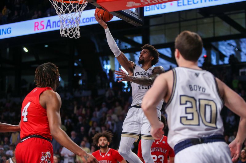 Feb 25, 2023; Atlanta, Georgia, USA; Georgia Tech Yellow Jackets forward Javon Franklin (4) shoots against the Louisville Cardinals in the second half at McCamish Pavilion. Mandatory Credit: Brett Davis-USA TODAY Sports